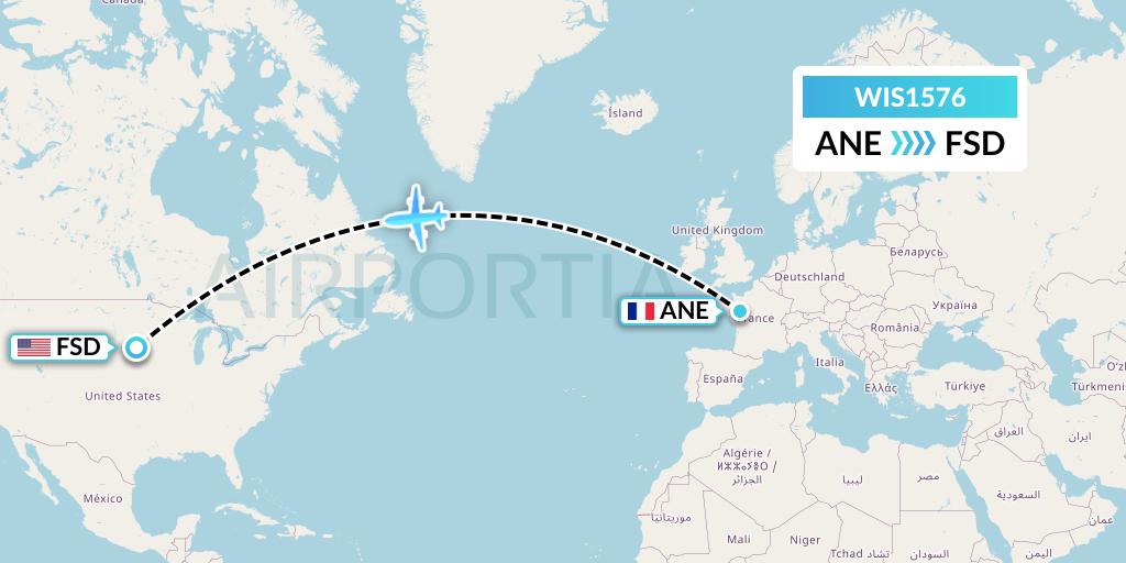 WIS1576 Paccair Flight Map: Angers to Sioux Falls