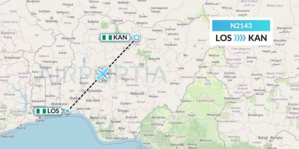 N2143 Aero Contractors Company Of Nigeria Flight Map: Lagos to Kano
