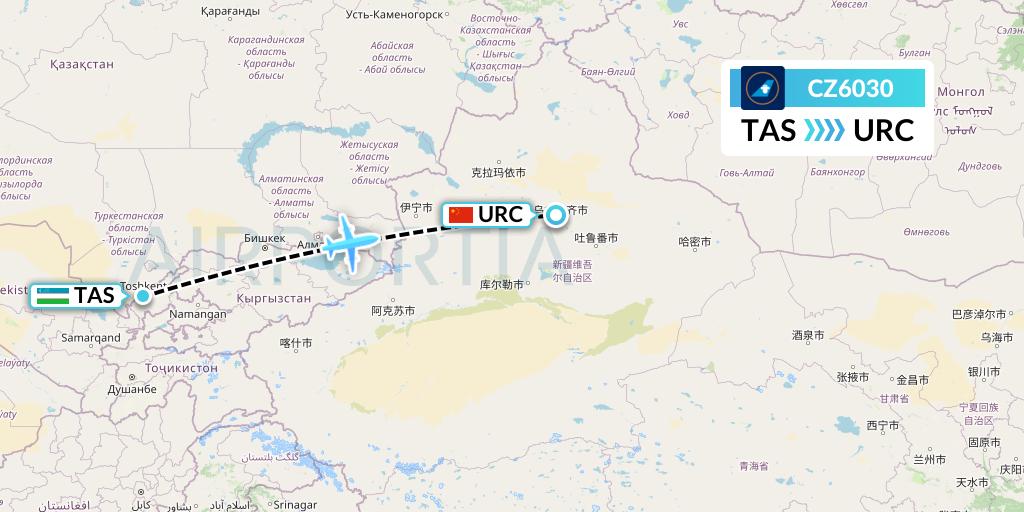 CZ6030 China Southern Airlines Flight Map: Tashkent to Urumqi
