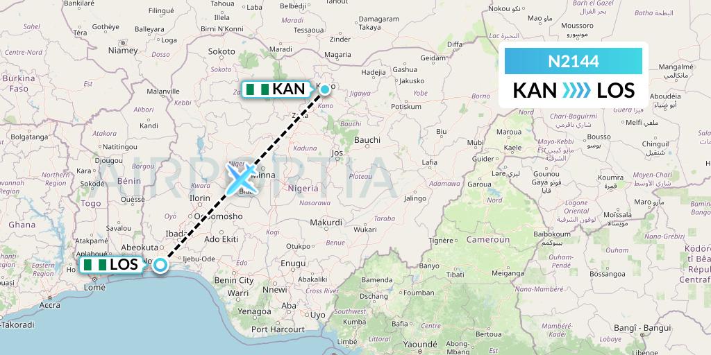 N2144 Aero Contractors Company Of Nigeria Flight Map: Kano to Lagos