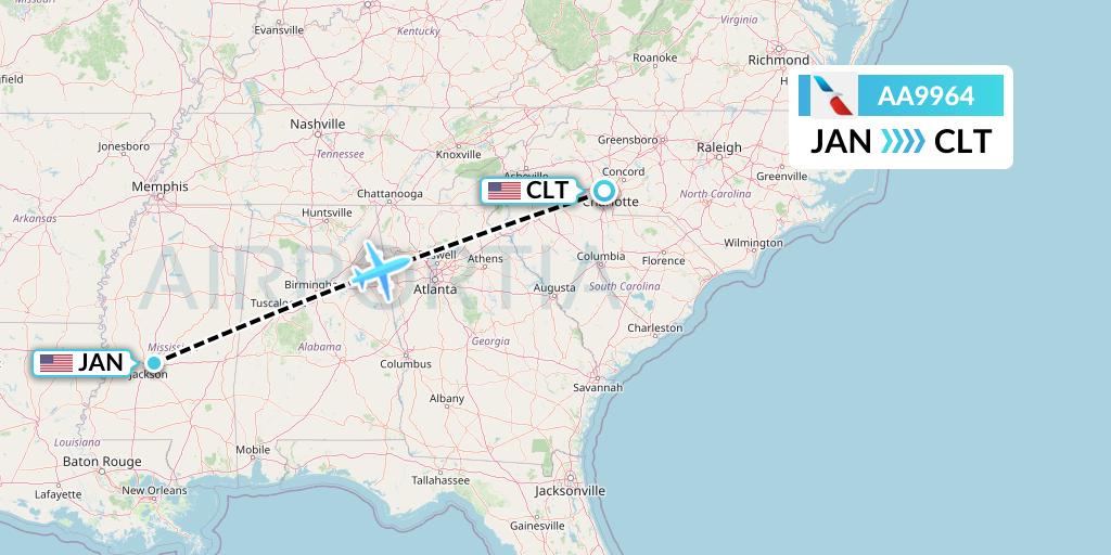 AA9964 American Airlines Flight Map: Jackson to Charlotte