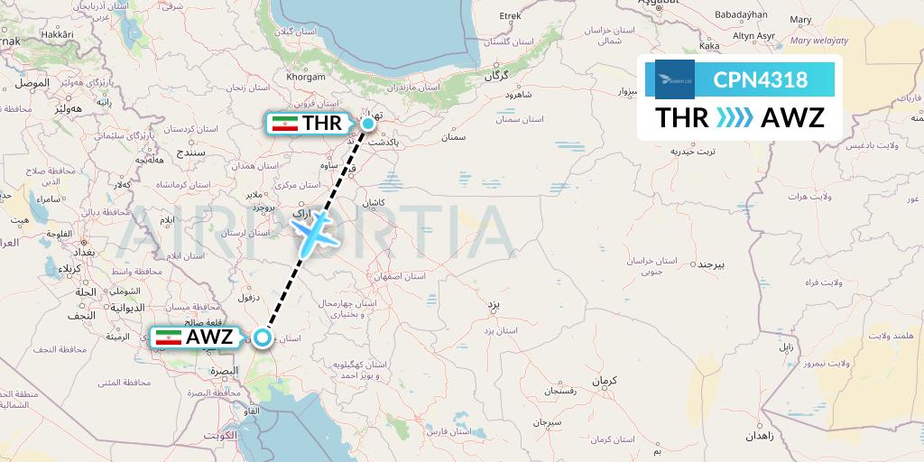 CPN4318 Caspian Airlines Flight Map: Tehran to Ahvaz