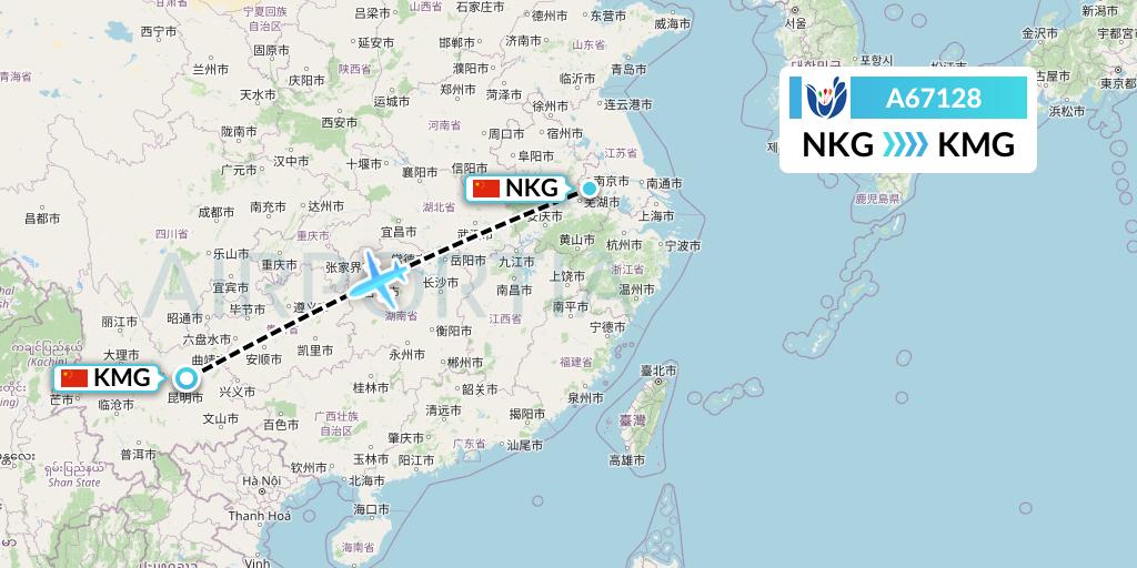A67128 Hongtu Airlines Flight Map: Nanjing to Kunming