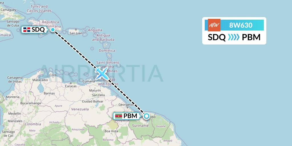 8W630 Fly AllWays Flight Map: Santo Domingo to Paramaribo