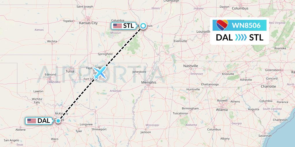 WN8506 Southwest Airlines Flight Map: Dallas to St. Louis
