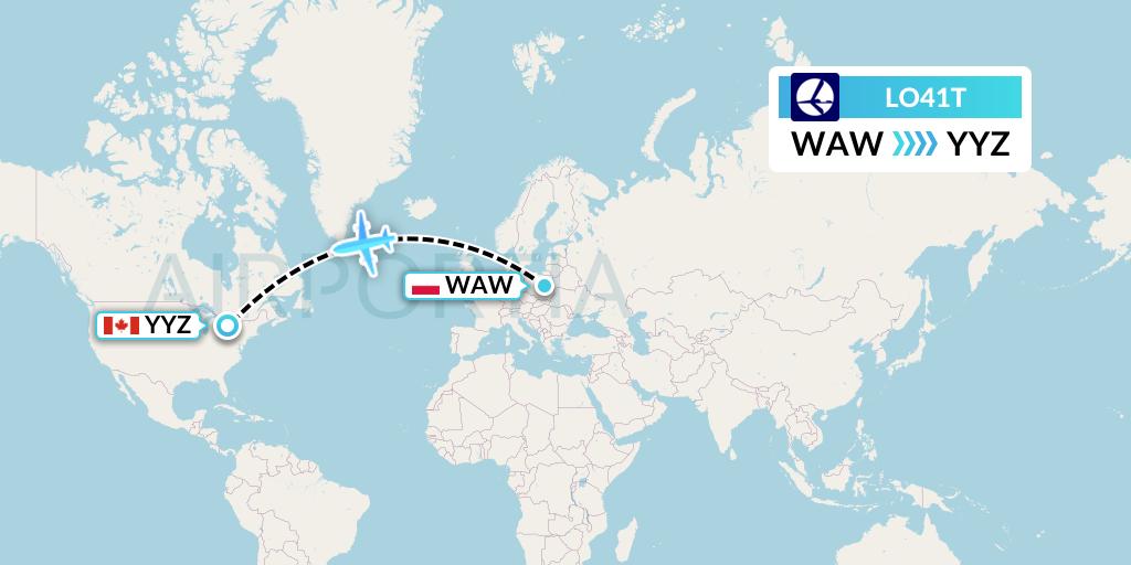 LO41T LOT Flight Map: Warsaw to Toronto