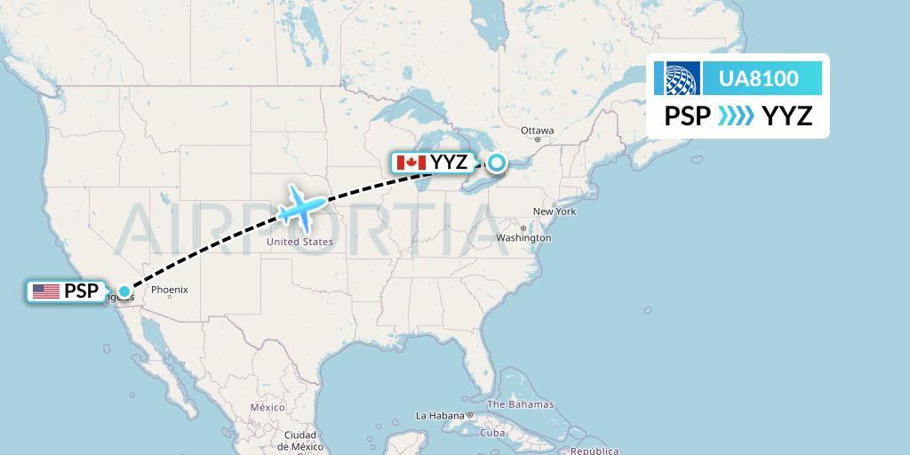 UA8100 United Airlines Flight Map: Palm Springs to Toronto