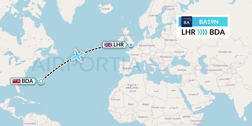 BA19N British Airways Flight Map: London to Bermuda