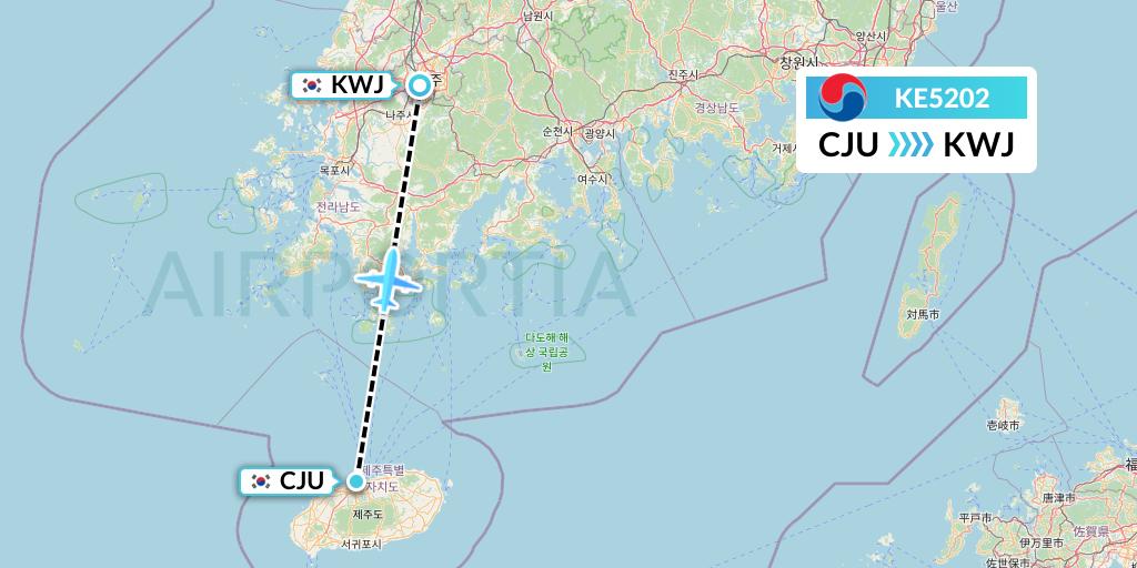 KE5202 Korean Air Flight Map: Jeju to Gwangju