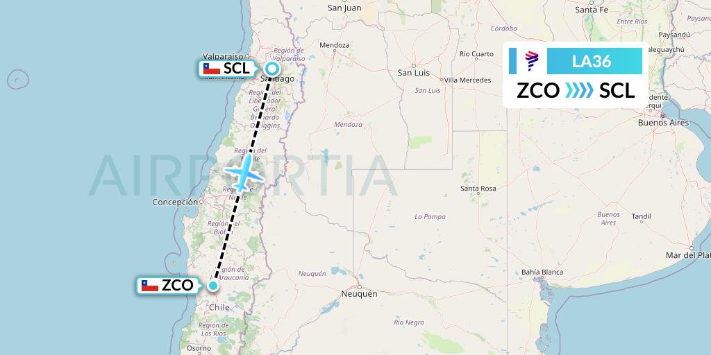 LA36 LAN Airlines Flight Map: Temuco to Santiago