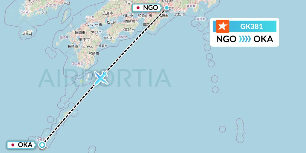 GK381 JetStar Japan Flight Map: Nagoya to Naha