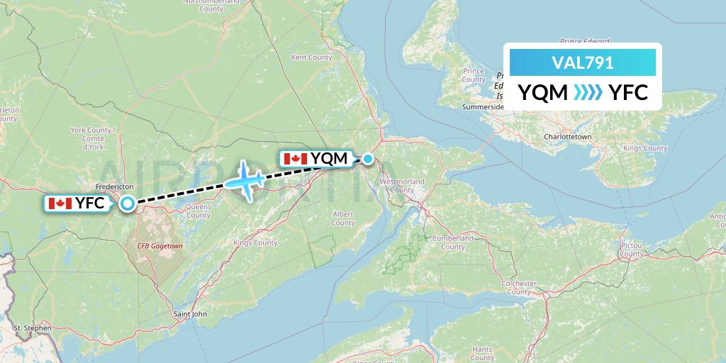 VAL791 Voyageur Airlines Flight Map: Moncton to Fredericton