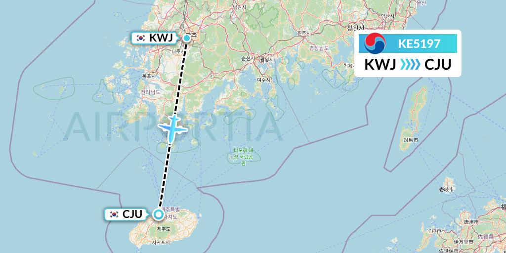 KE5197 Korean Air Flight Map: Gwangju to Jeju