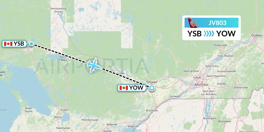 JV803 Bearskin Airlines Flight Map: Sudbury to Ottawa