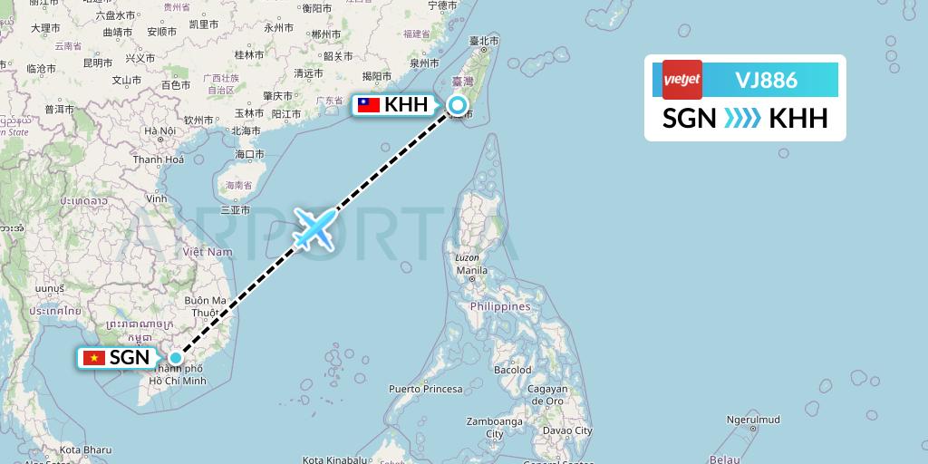 VJ886 VietJet Air Flight Map: Ho Chi Minh City to Kaohsiung