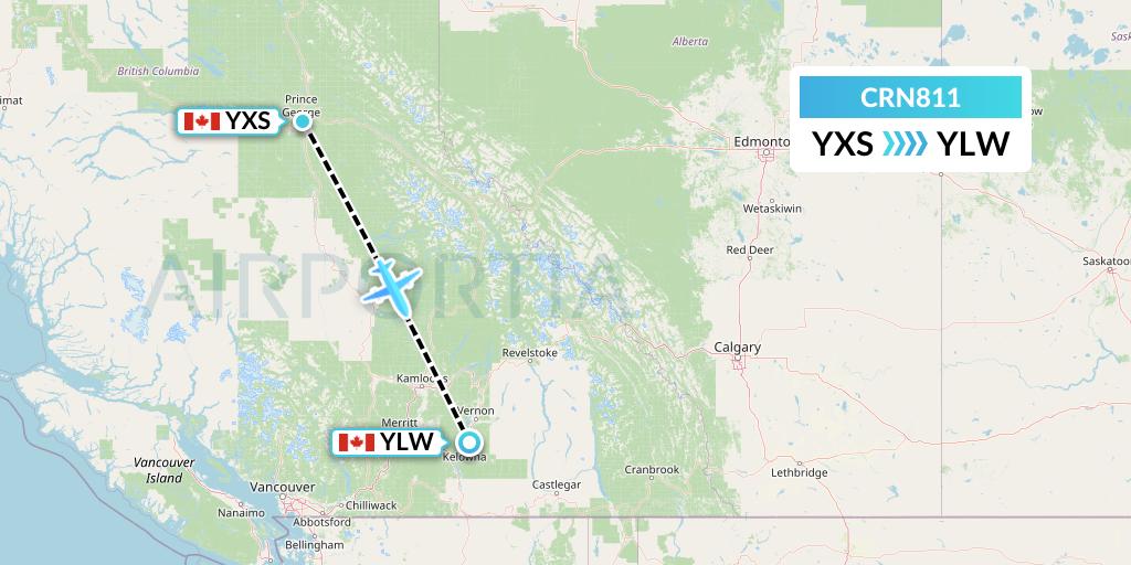 CRN811 Aerocaribbean Flight Map: Prince George to Kelowna