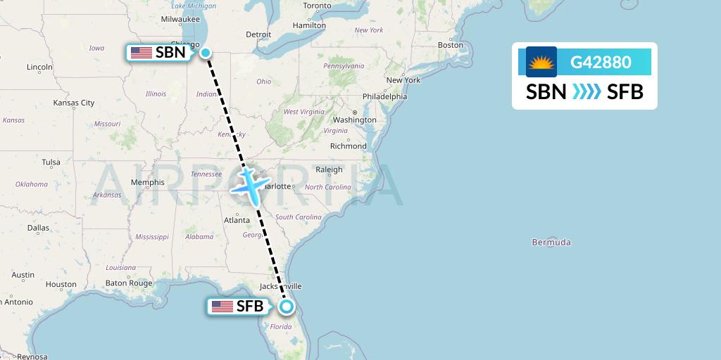G42880 Allegiant Air Flight Map: South Bend to Orlando