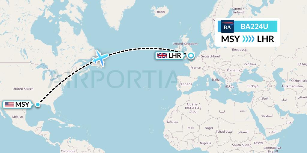 BA224U British Airways Flight Map: New Orleans to London