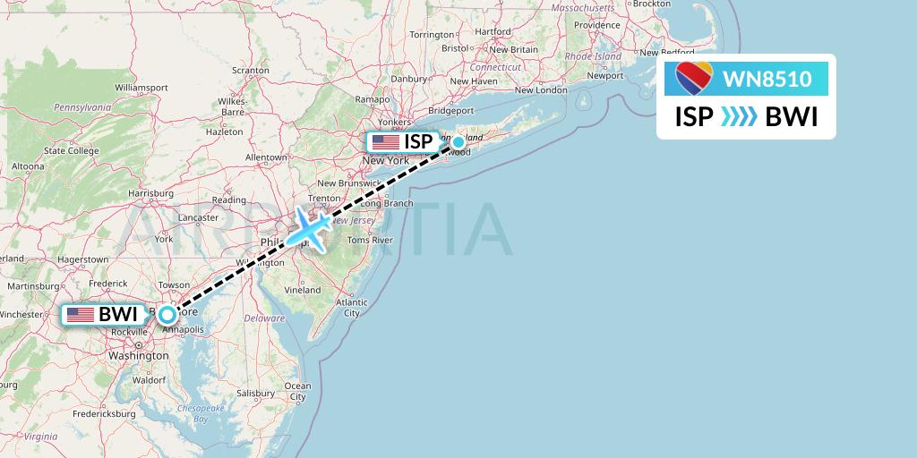 WN8510 Southwest Airlines Flight Map: Islip to Baltimore