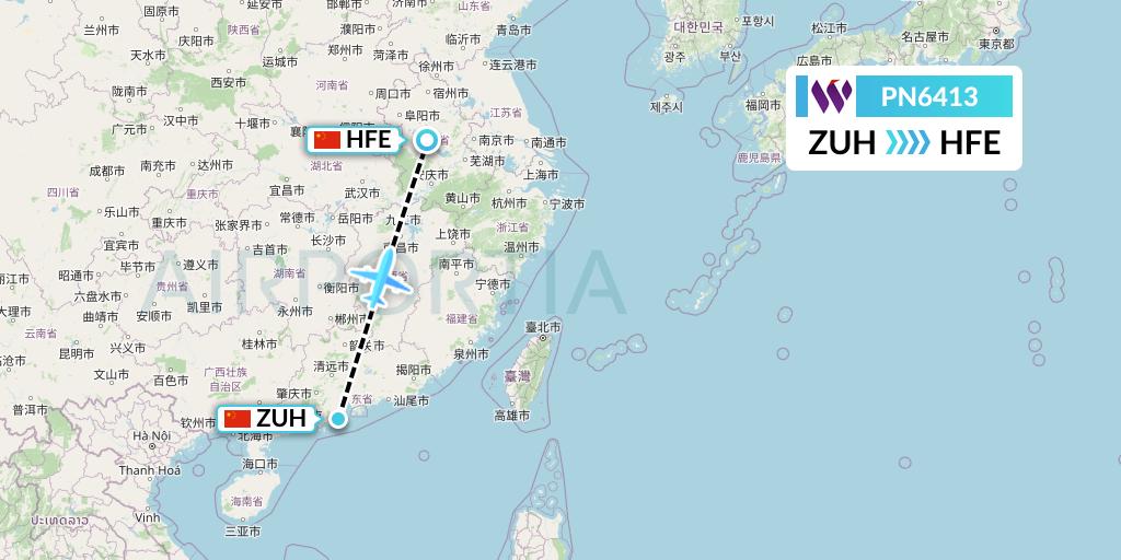 PN6413 China West Air Flight Map: Zhuhai to Hefei