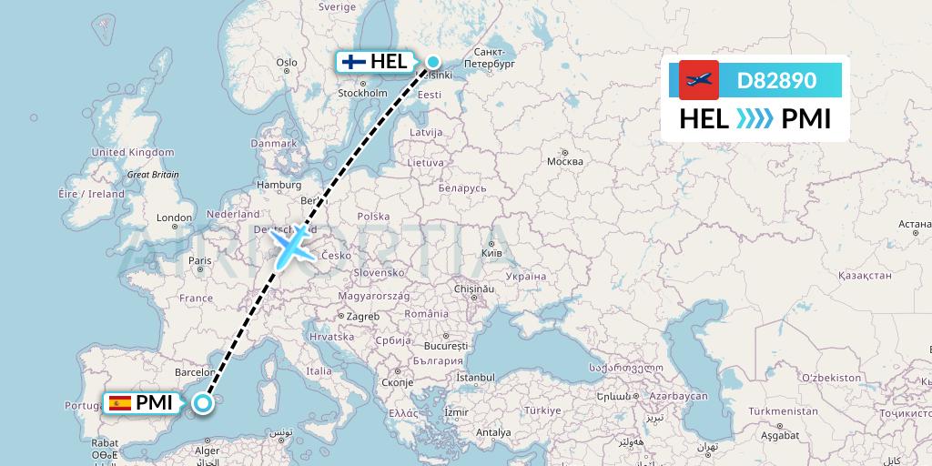 D82890 Norwegian Air International Flight Map: Helsinki to Palma de Mallorca