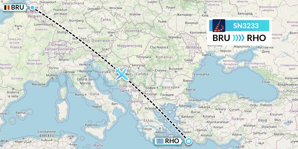 SN3233 Brussels Airlines Flight Map: Brussels to Rhodes