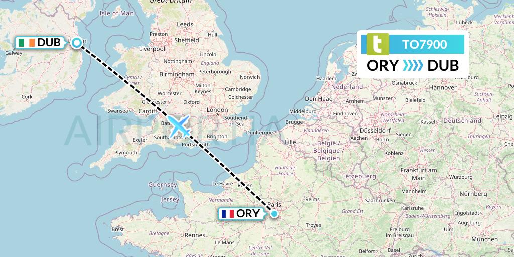 TO7900 Transavia France Flight Map: Paris to Dublin