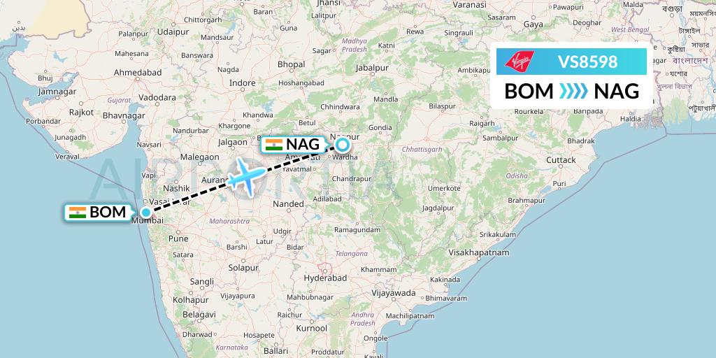 VS8598 Virgin Atlantic Airways Flight Map: Mumbai to Nagpur