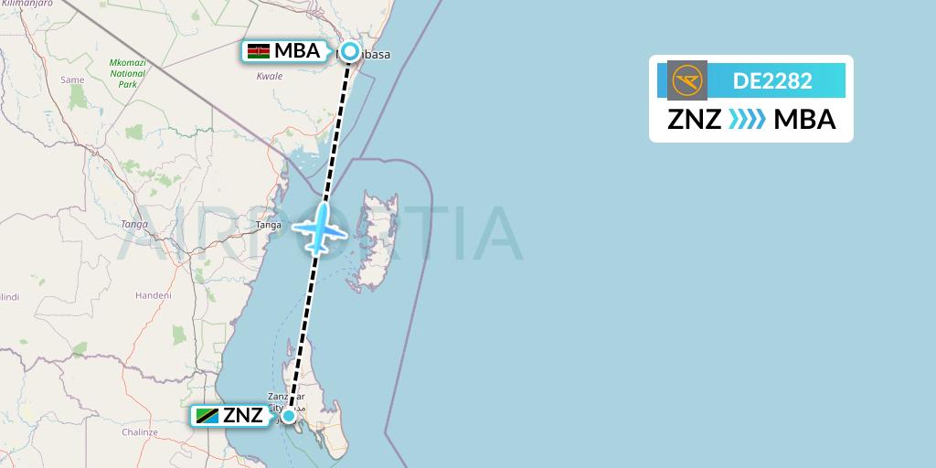 DE2282 Condor Flight Map: Zanzibar to Mombasa