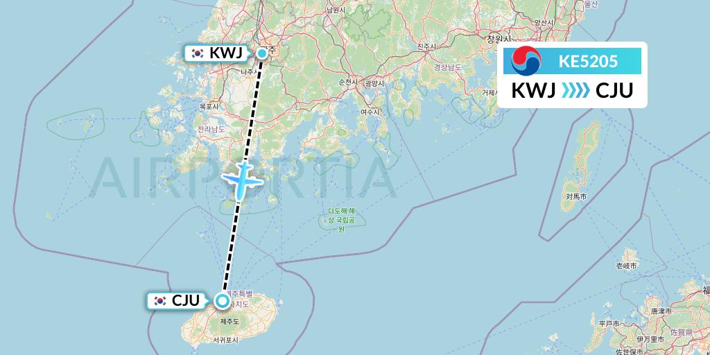 KE5205 Korean Air Flight Map: Gwangju to Jeju