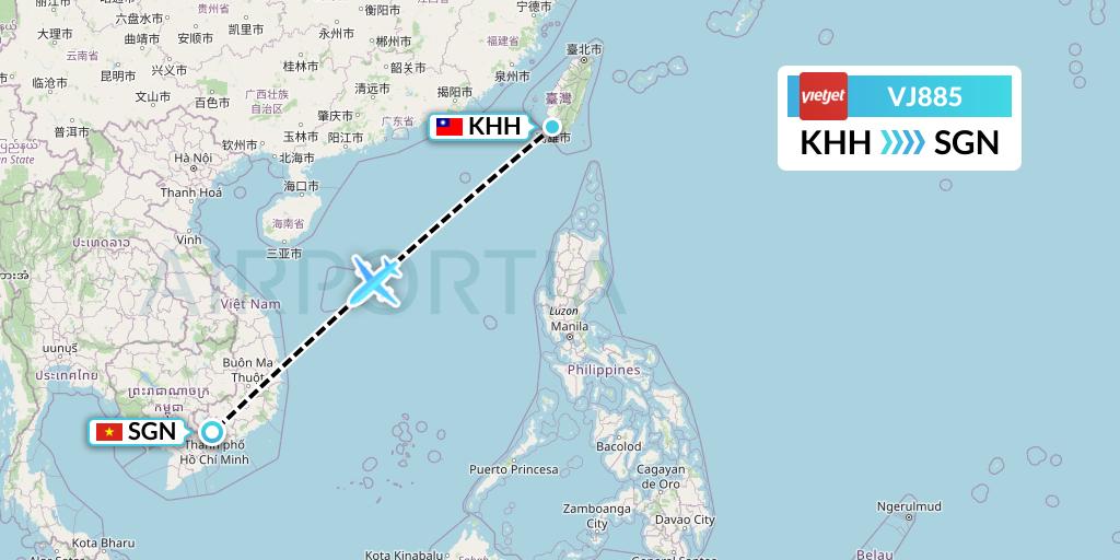 VJ885 VietJet Air Flight Map: Kaohsiung to Ho Chi Minh City