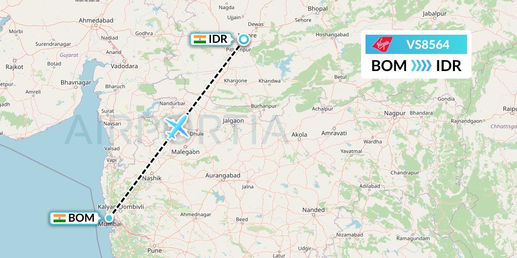 VS8564 Virgin Atlantic Airways Flight Map: Mumbai to Indore