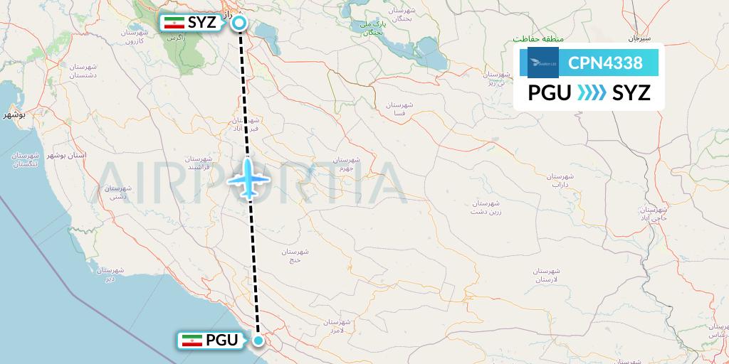 CPN4338 Caspian Airlines Flight Map: Assaluyeh to Shiraz