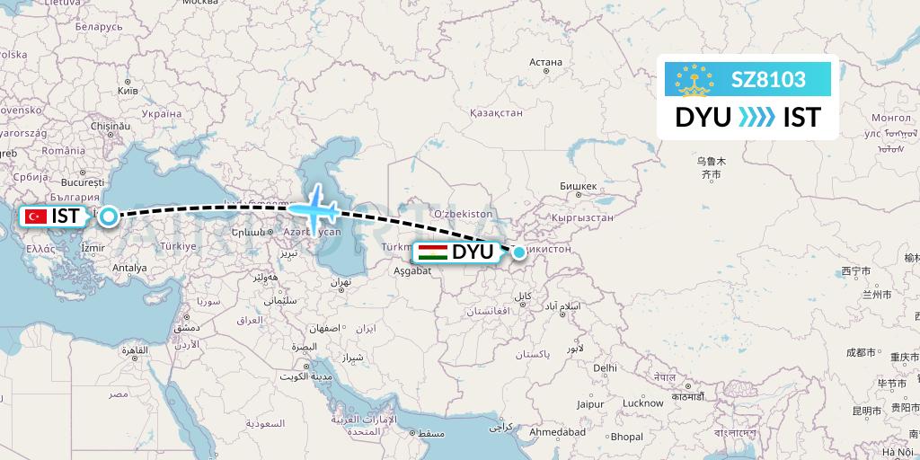 SZ8103 Somon Air Flight Map: Dushanbe to Istanbul