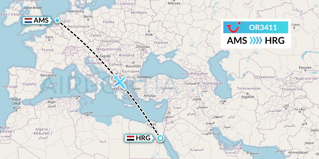 OR3411 TUI fly Netherlands Flight Map: Amsterdam to Hurghada