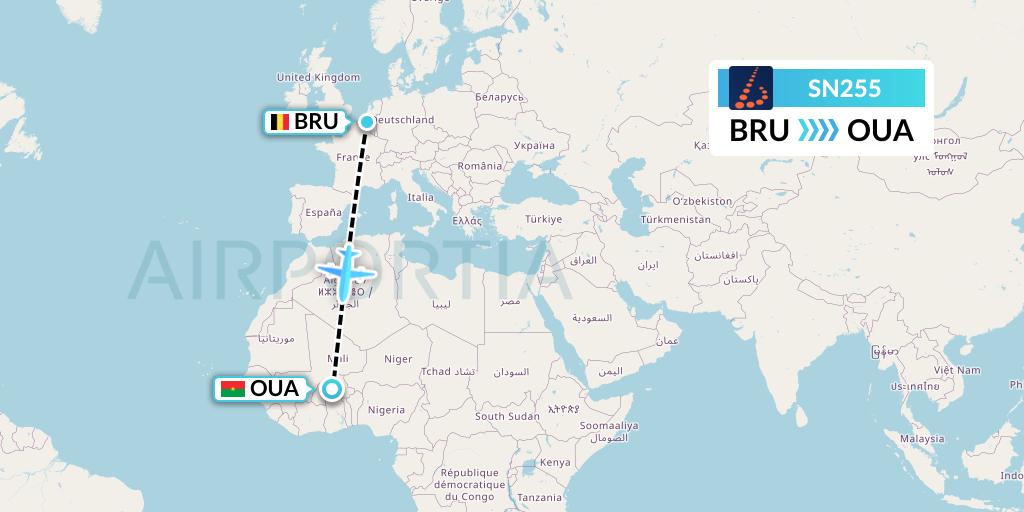 SN255 Brussels Airlines Flight Map: Brussels to Ouagadougou