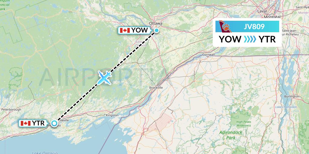 JV809 Bearskin Airlines Flight Map: Ottawa to Trenton