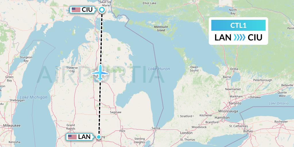 CTL1 Central Airlines Flight Map: Lansing to Sault Sainte Marie