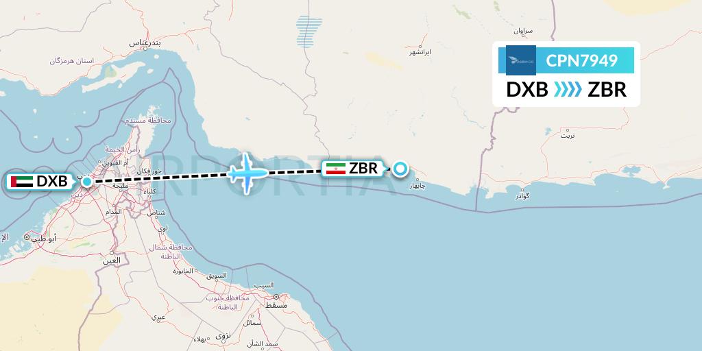 CPN7949 Caspian Airlines Flight Map: Dubai to Chabahar