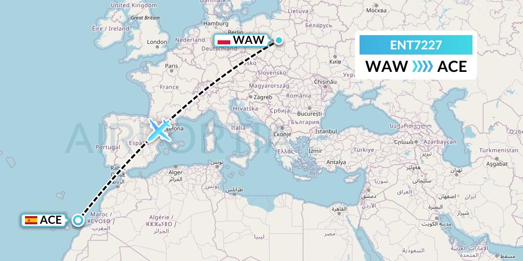 ENT7227 Enter Air Flight Map: Warsaw to Lanzarote