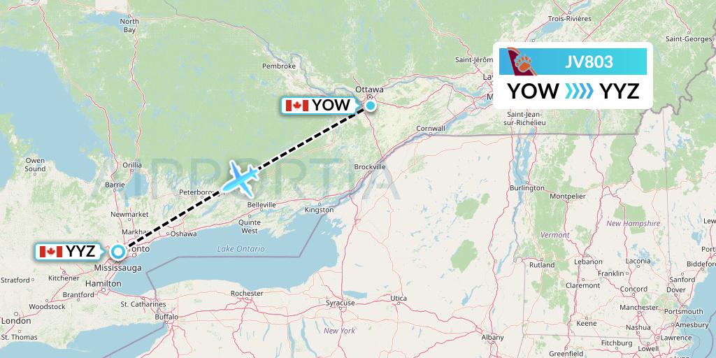 JV803 Bearskin Airlines Flight Map: Ottawa to Toronto
