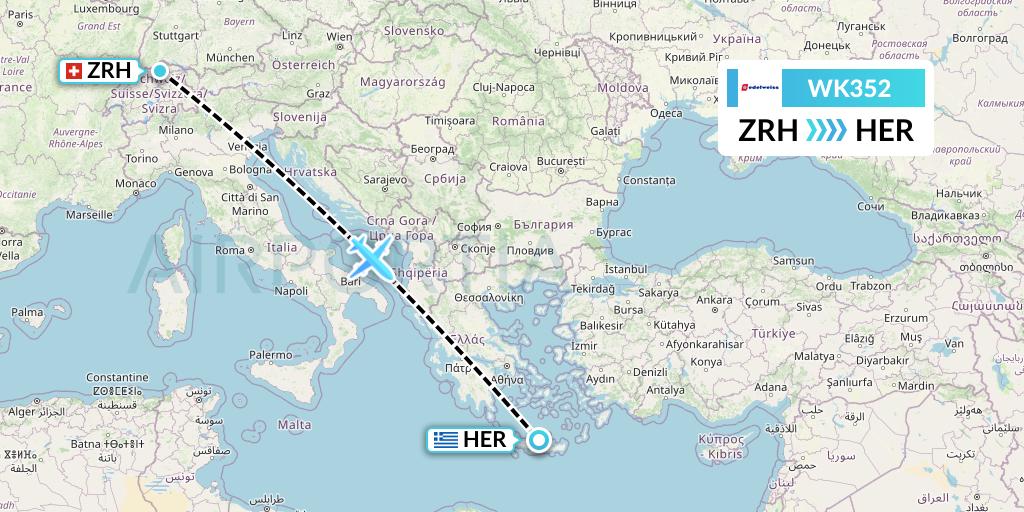 WK352 Edelweiss Air Flight Map: Zurich to Heraklion