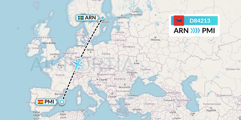 D84213 Norwegian Air International Flight Map: Stockholm to Palma de Mallorca