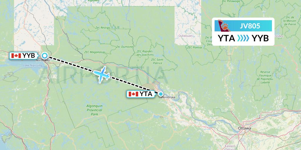 JV805 Bearskin Airlines Flight Map: Pembroke to North Bay