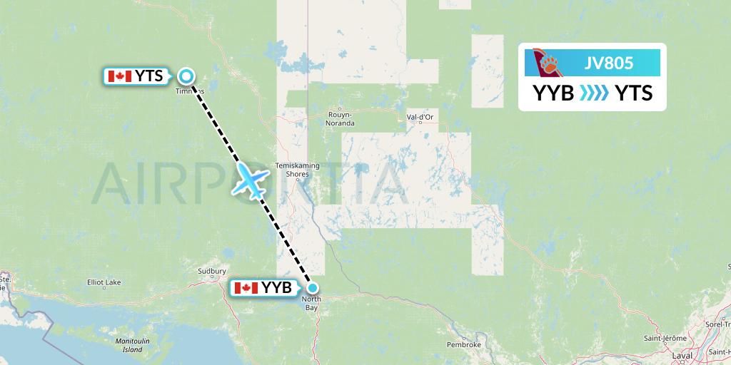 JV805 Bearskin Airlines Flight Map: North Bay to Timmins