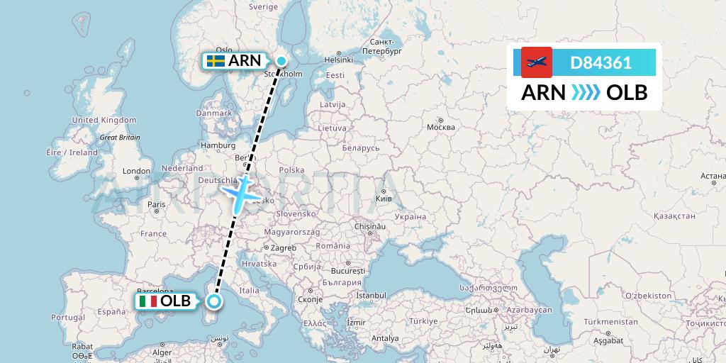 D84361 Norwegian Air International Flight Map: Stockholm to Olbia