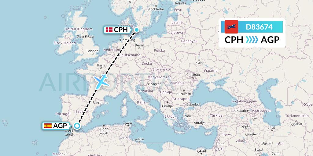 D83674 Norwegian Air International Flight Map: Copenhagen to Malaga