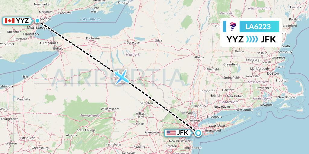 LA6223 LAN Airlines Flight Map: Toronto to New York