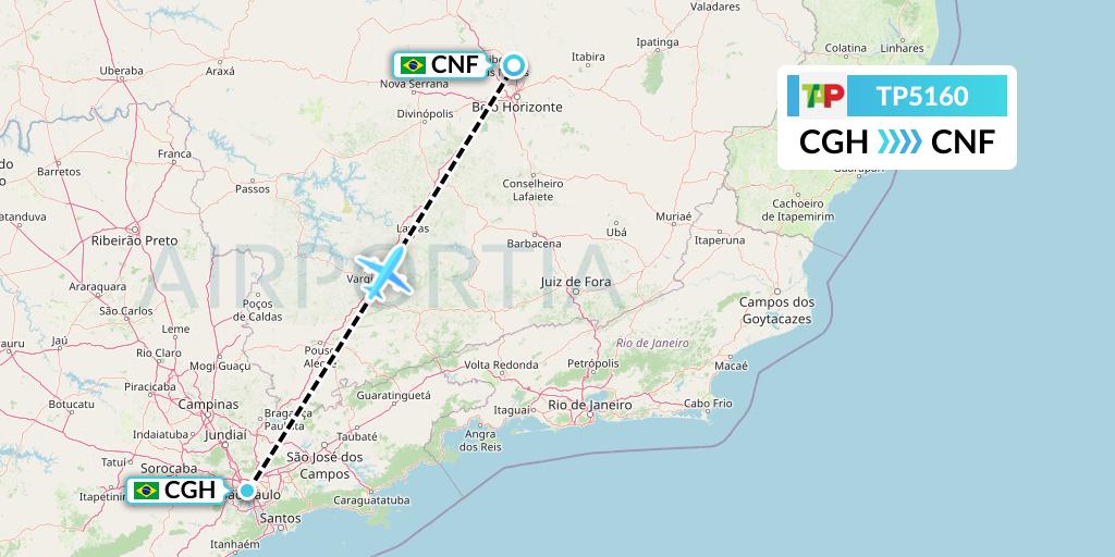 TP5160 TAP Portugal Flight Map: Sao Paulo to Belo Horizonte