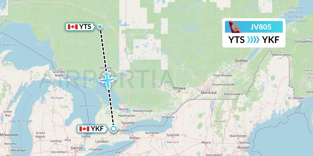 JV805 Bearskin Airlines Flight Map: Timmins to Waterloo